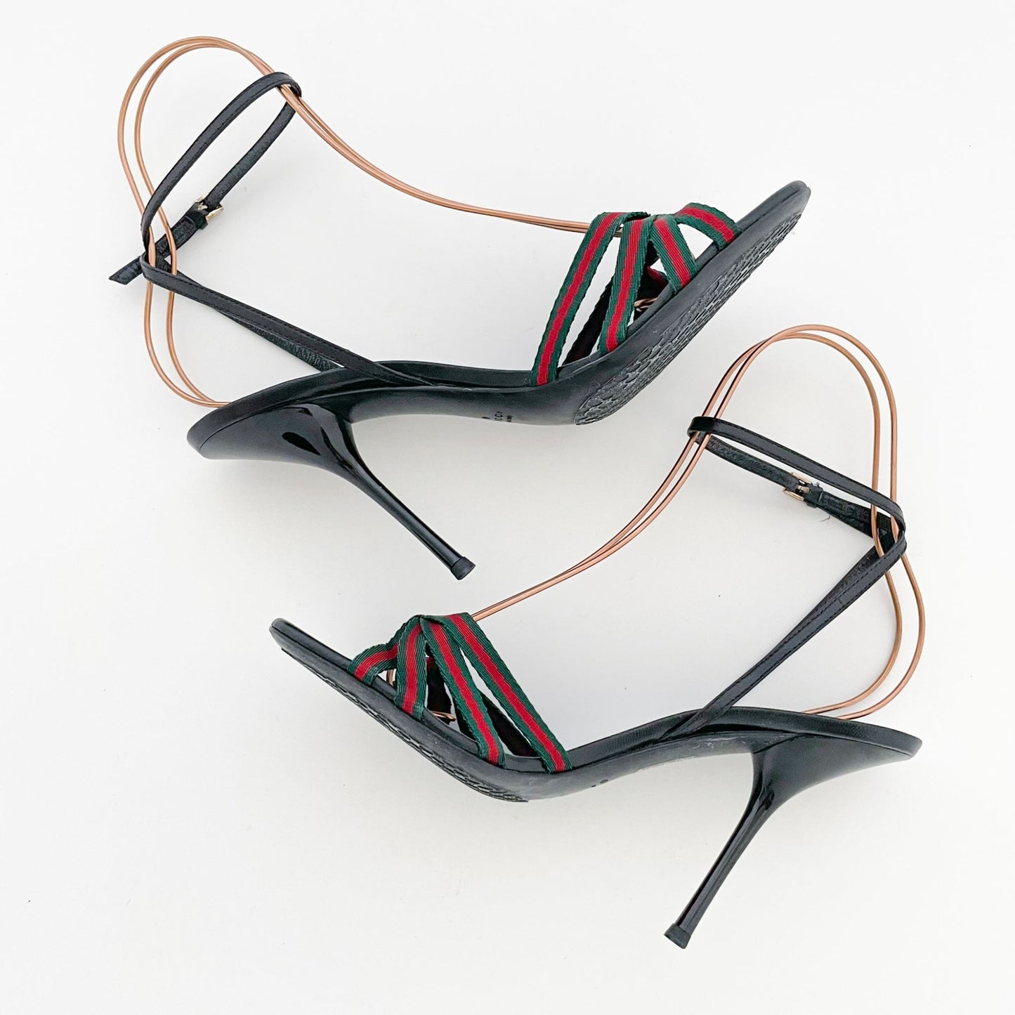 Gucci Mirabelle Knotted Web Stripe Sandals in Black/Green/Red Size 9.5