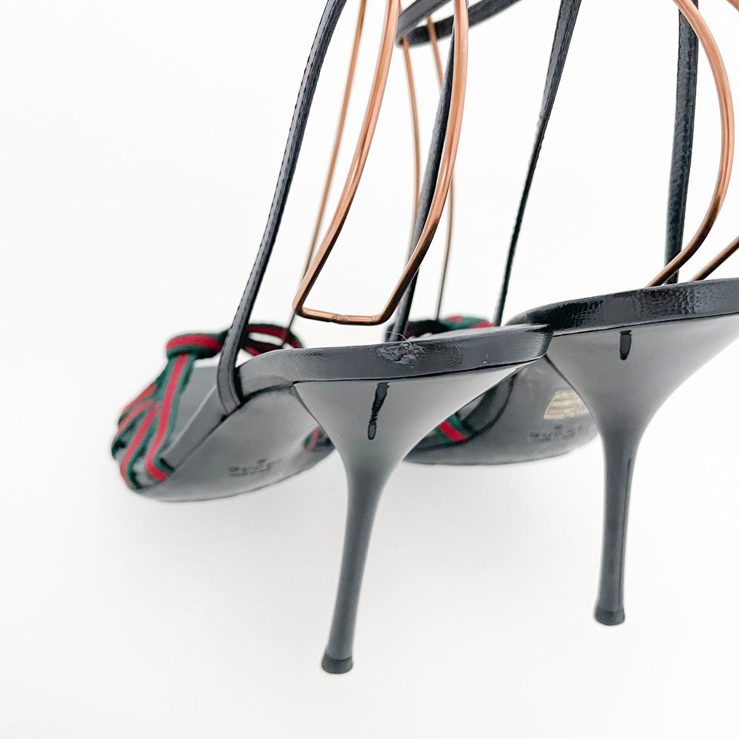 Gucci Mirabelle Knotted Web Stripe Sandals in Black/Green/Red Size 9.5