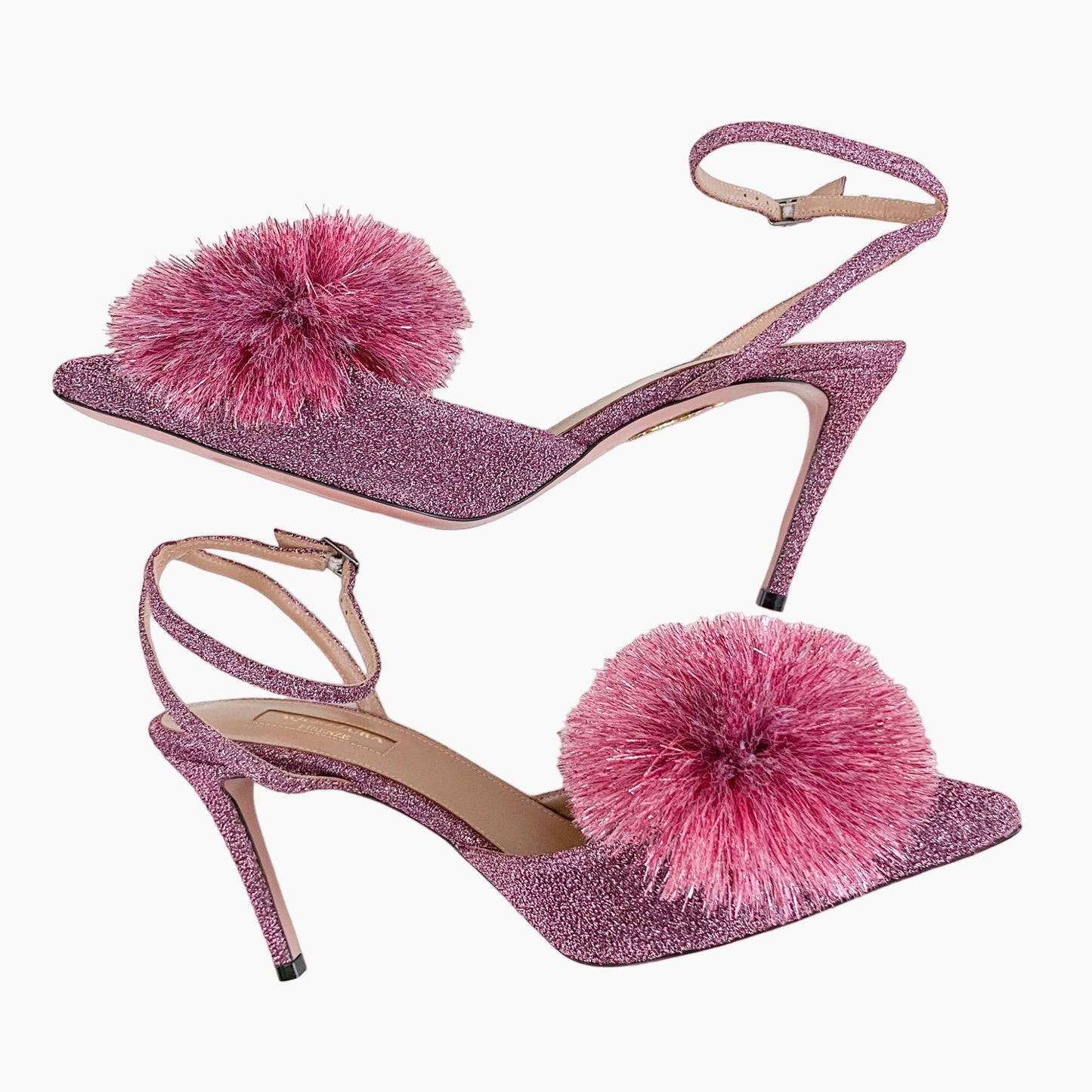 Aquazzura Powder Puff 85 Slingback Pumps in Pink Lurex Size 39.5
