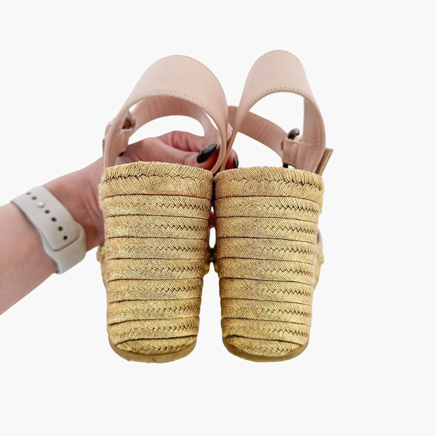 Gucci Flor GG Espadrille Wedge Sandals in Pink & Gold Leather Size 39.5