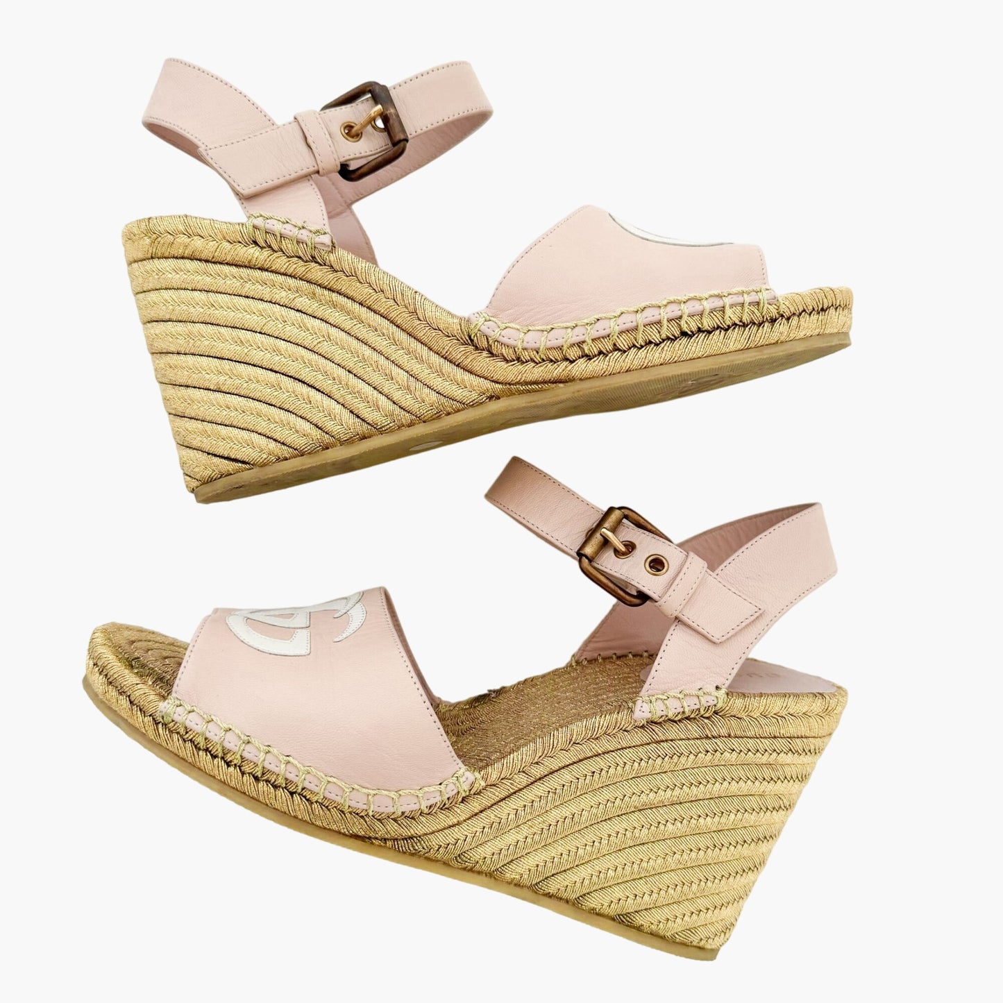 Gucci Flor GG Espadrille Wedge Sandals in Pink & Gold Leather Size 39.5