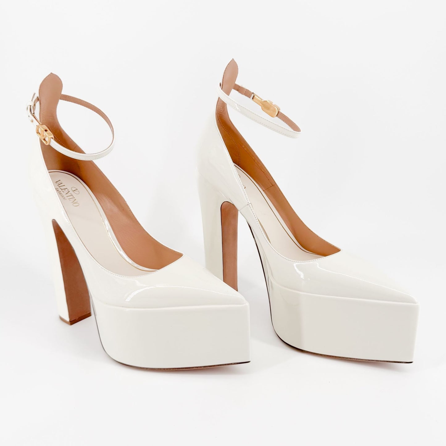 Valentino Garavani Tan-Go Platform Pumps in White Patent Leather Size 41