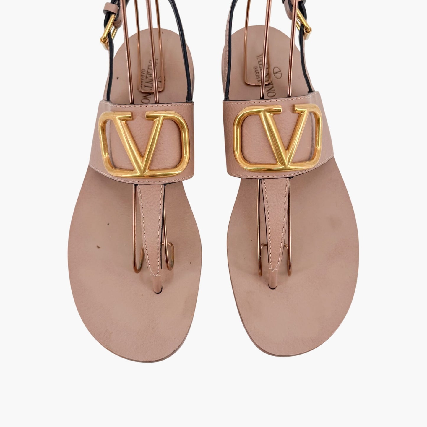 Valentino Garavani Vlogo T-Strap Flat Sandals in Beige Leather – Size 40.5