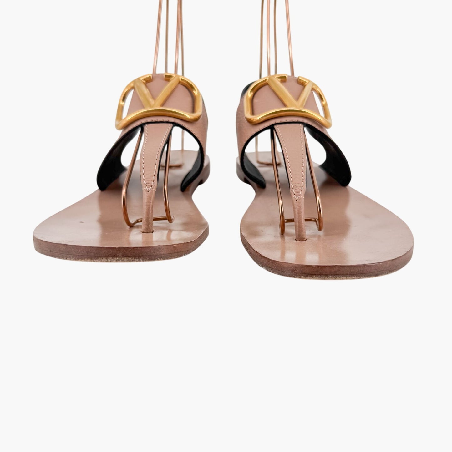 Valentino Garavani Vlogo T-Strap Flat Sandals in Beige Leather – Size 40.5