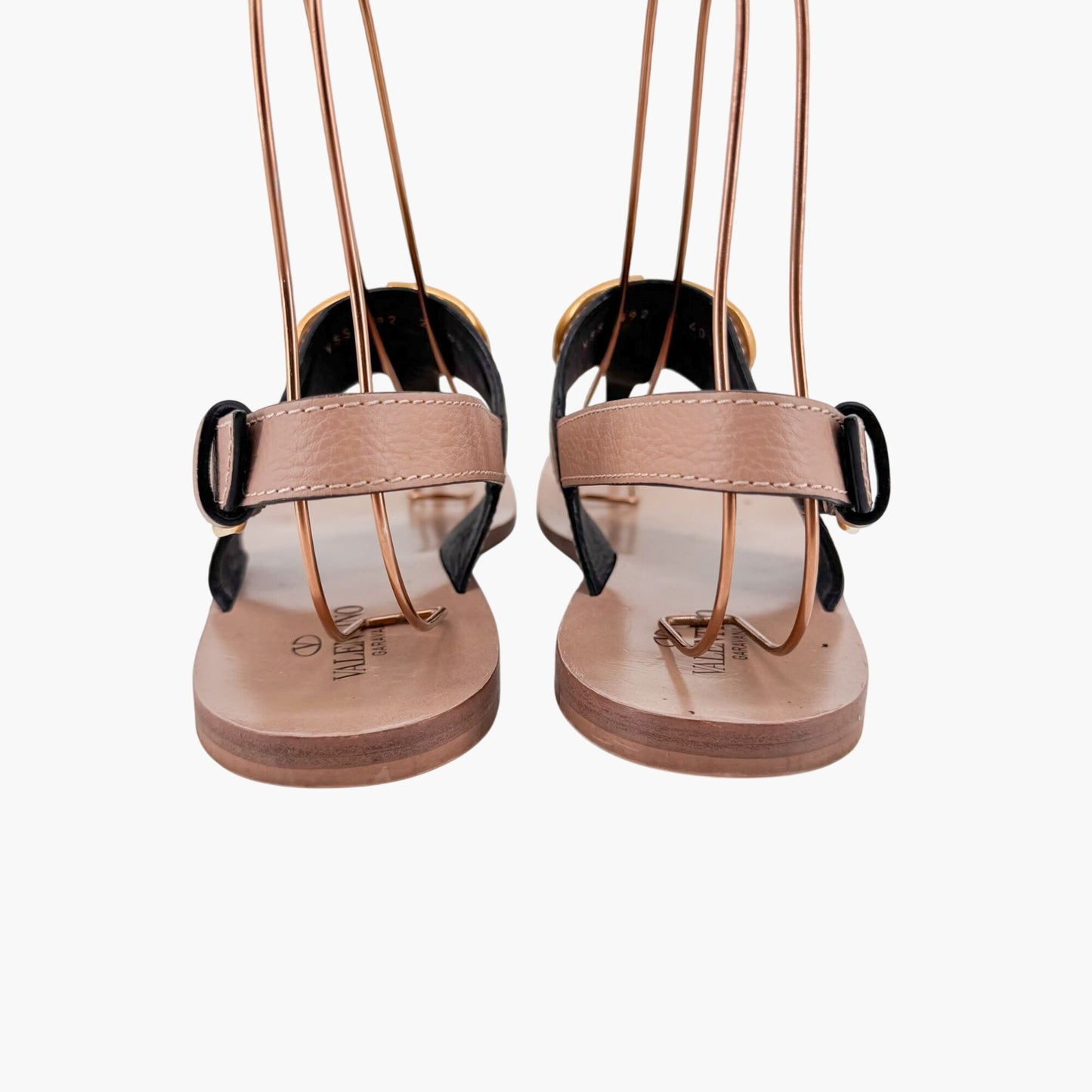 Valentino Garavani Vlogo T-Strap Flat Sandals in Beige Leather – Size 40.5