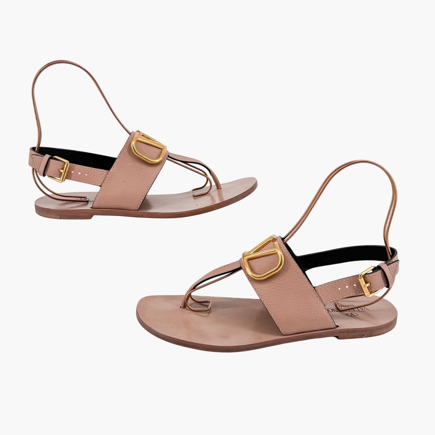 Valentino Garavani Vlogo T-Strap Flat Sandals in Beige Leather – Size 40.5