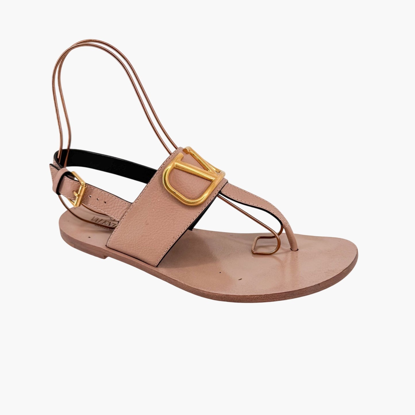 Valentino Garavani Vlogo T-Strap Flat Sandals in Beige Leather – Size 40.5