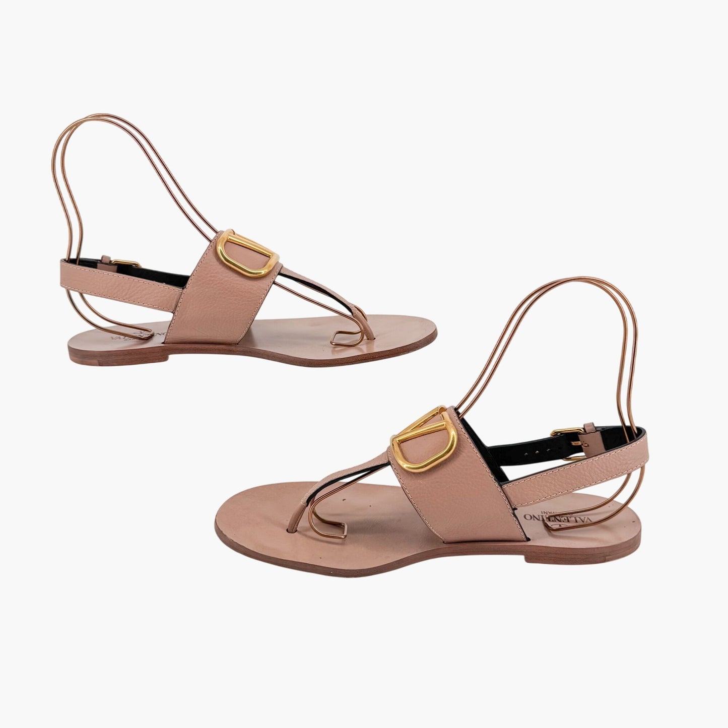 Valentino Garavani Vlogo T-Strap Flat Sandals in Beige Leather – Size 40.5