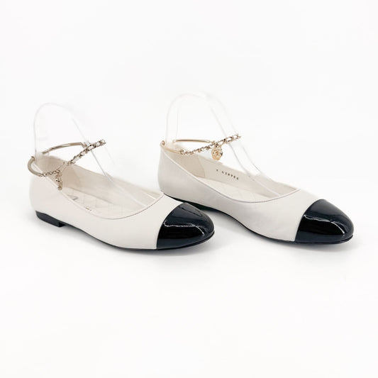 Chanel White Camellia Ankle Chain Ballet Flats – Size 37.5