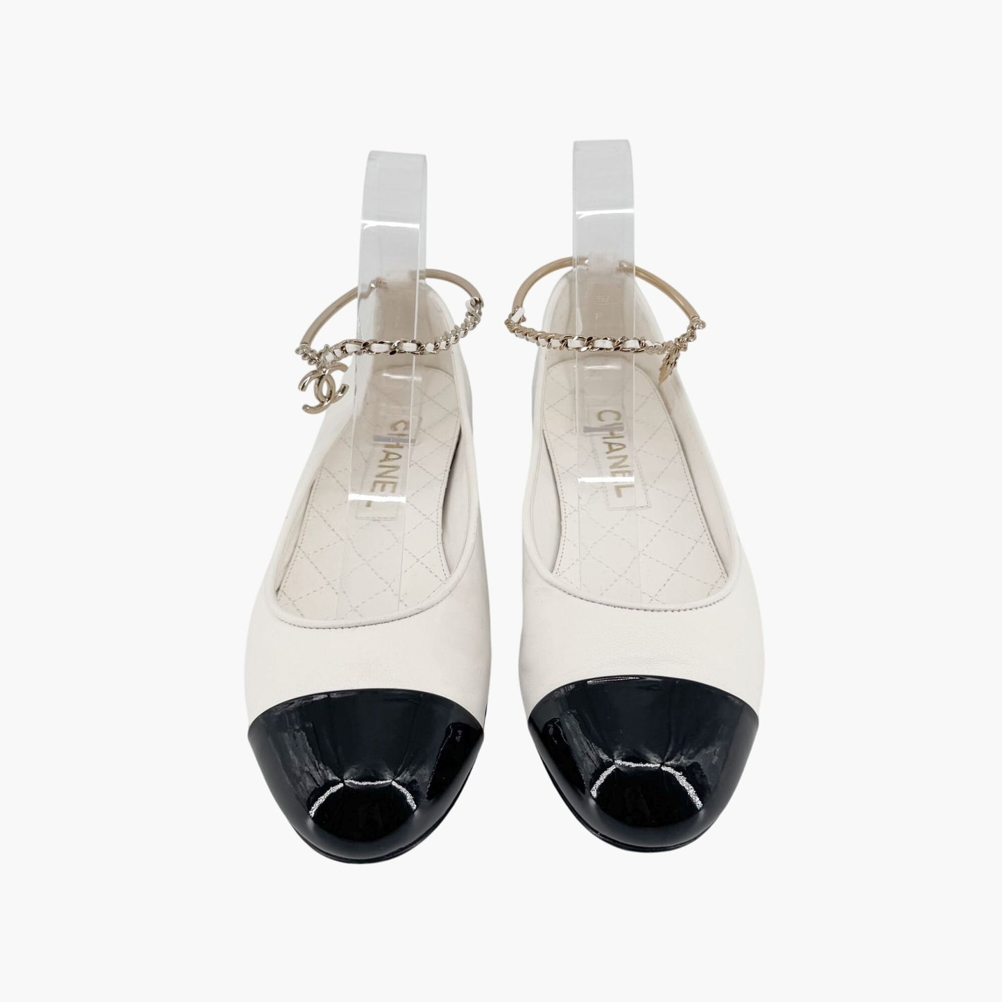 Chanel White Camellia Ankle Chain Ballet Flats – Size 37.5