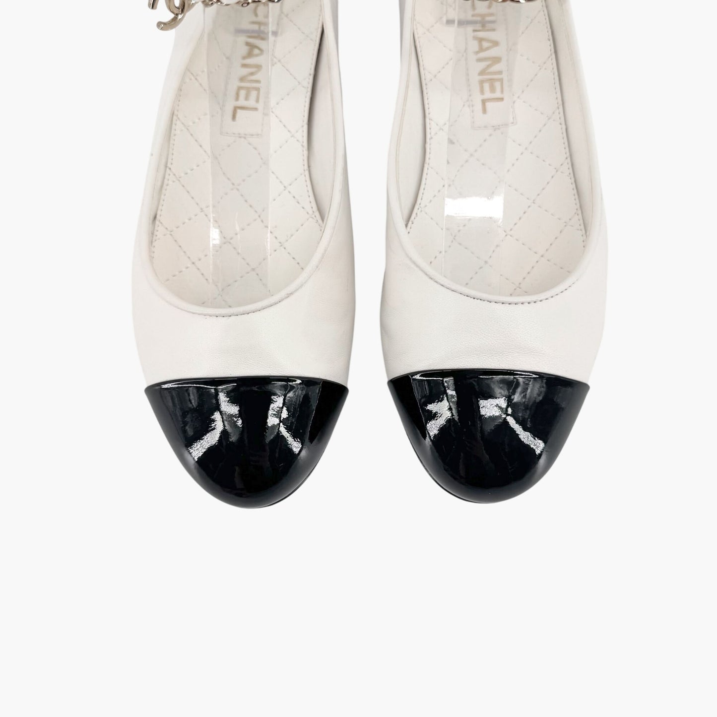 Chanel White Camellia Ankle Chain Ballet Flats – Size 37.5