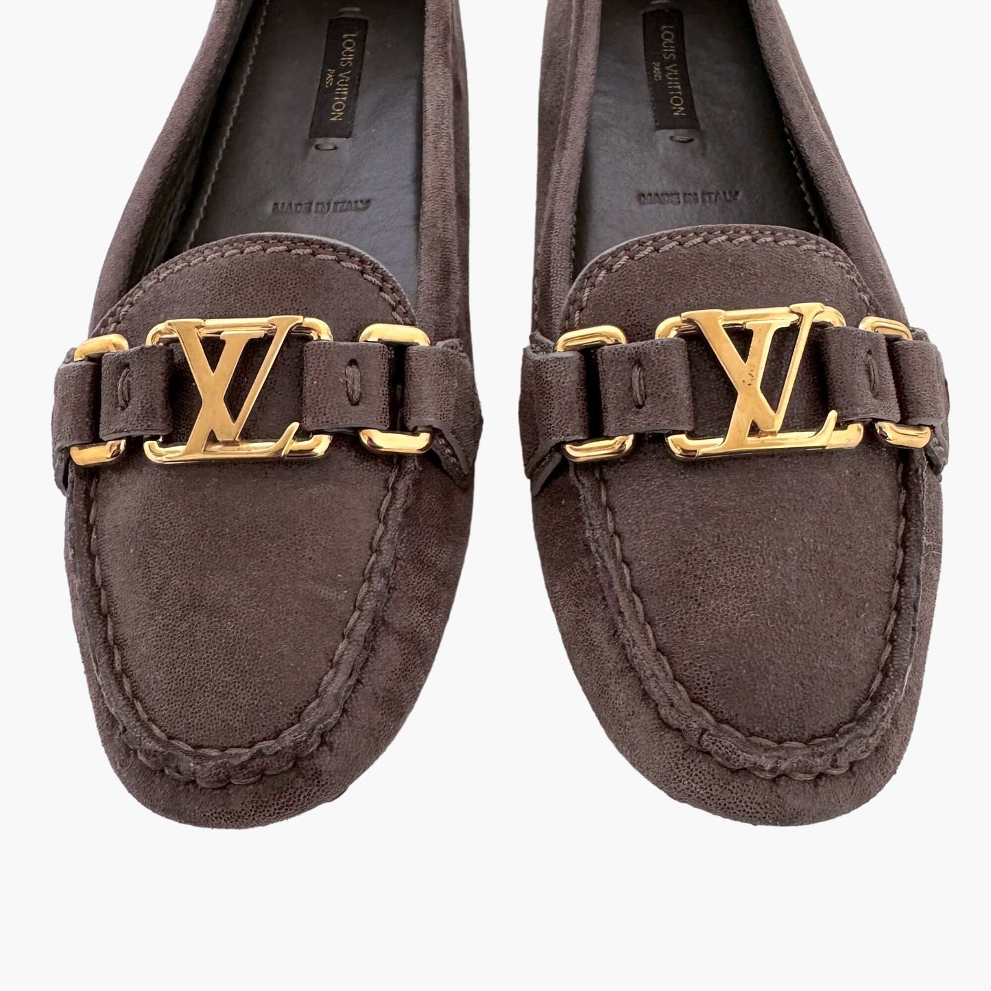 Louis Vuitton LV Moccasin Loafer in Brown Metallic Leather Size 35