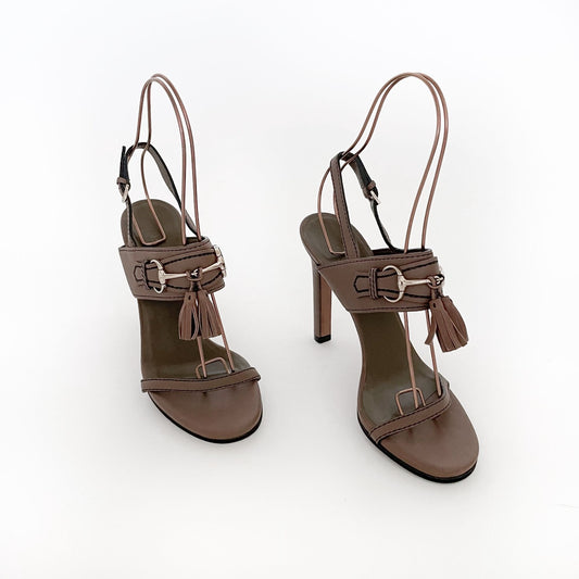 Gucci Emily Horsebit Tassel Sandals in Brown Leather Size 37.5