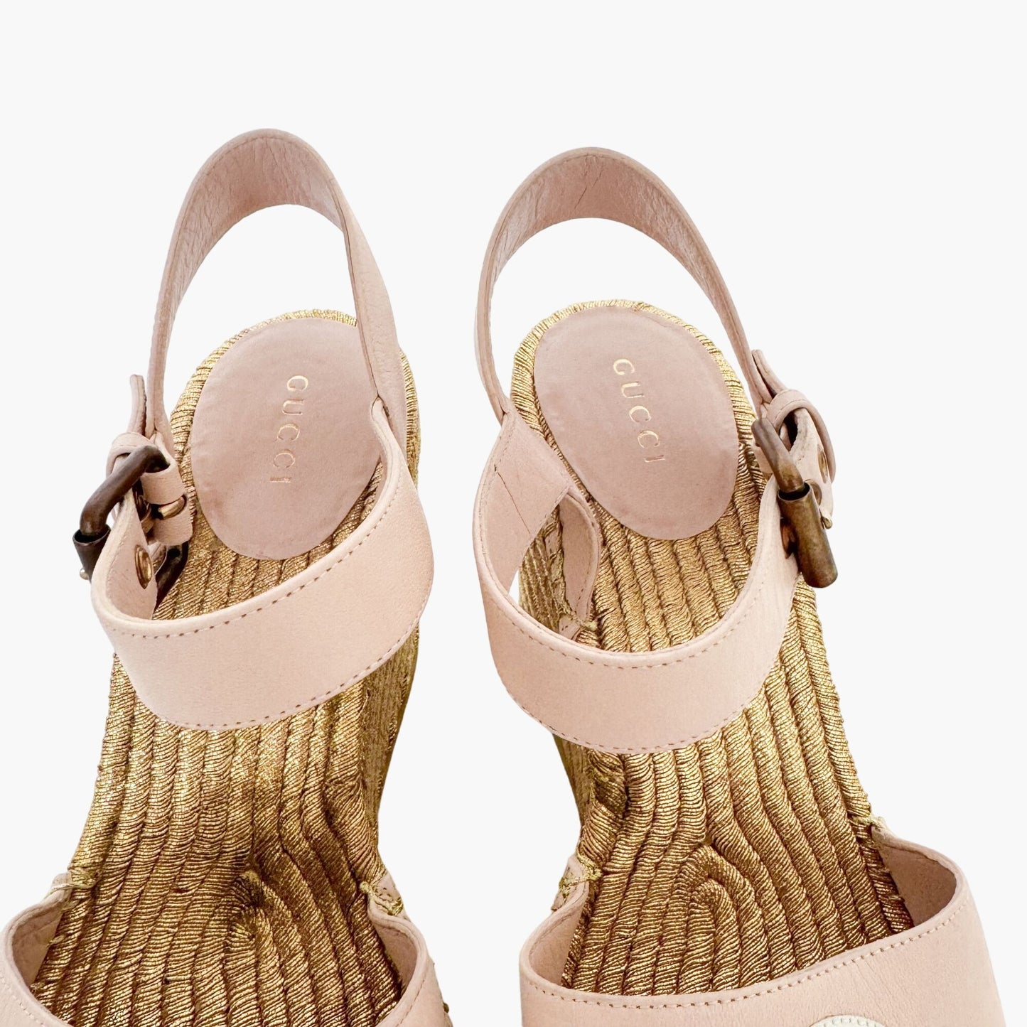 Gucci Flor GG Espadrille Wedge Sandals in Pink & Gold Leather Size 39.5
