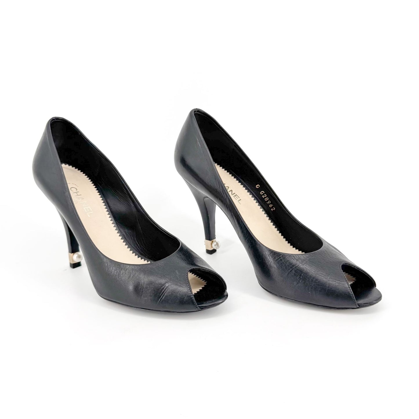 Chanel Peep Toe Pumps in Black Leather with Pearl CC Heel – Size 38.5