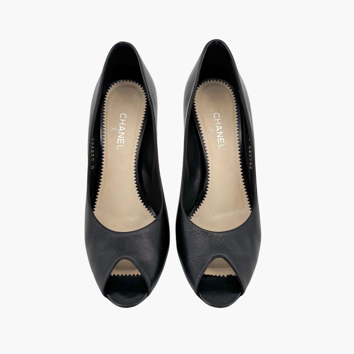 Chanel Peep Toe Pumps in Black Leather with Pearl CC Heel – Size 38.5