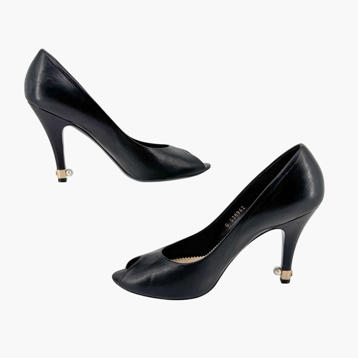 Chanel Peep Toe Pumps in Black Leather with Pearl CC Heel – Size 38.5