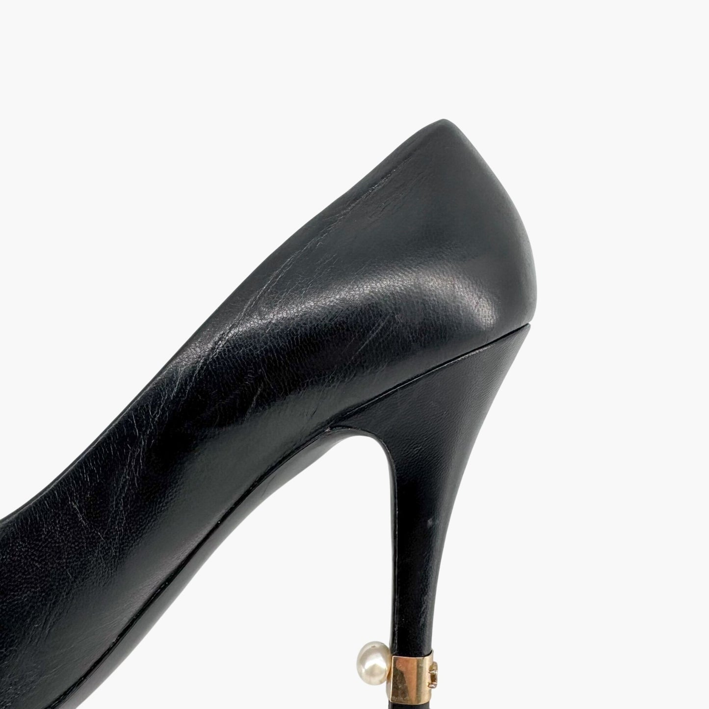 Chanel Peep Toe Pumps in Black Leather with Pearl CC Heel – Size 38.5