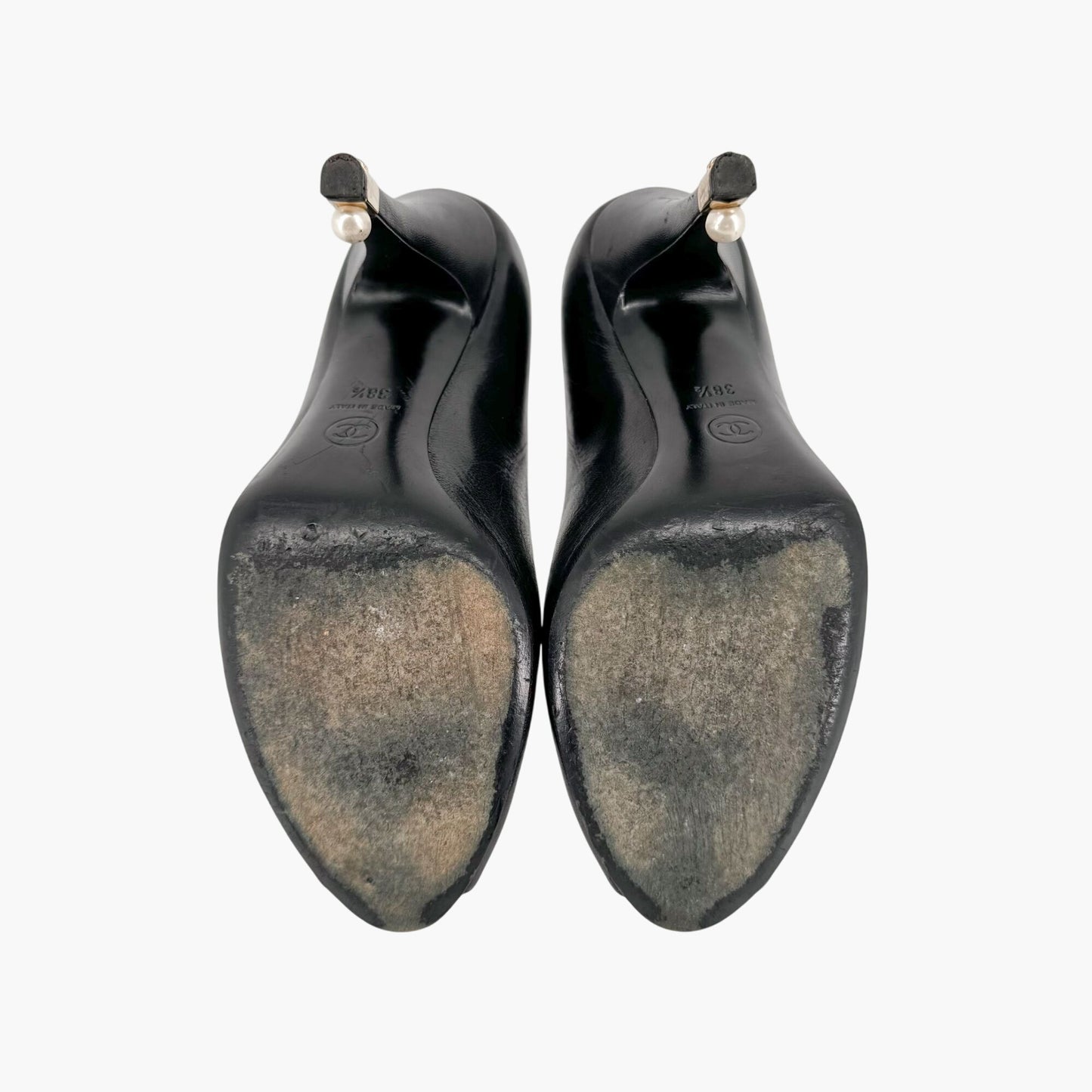 Chanel Peep Toe Pumps in Black Leather with Pearl CC Heel – Size 38.5