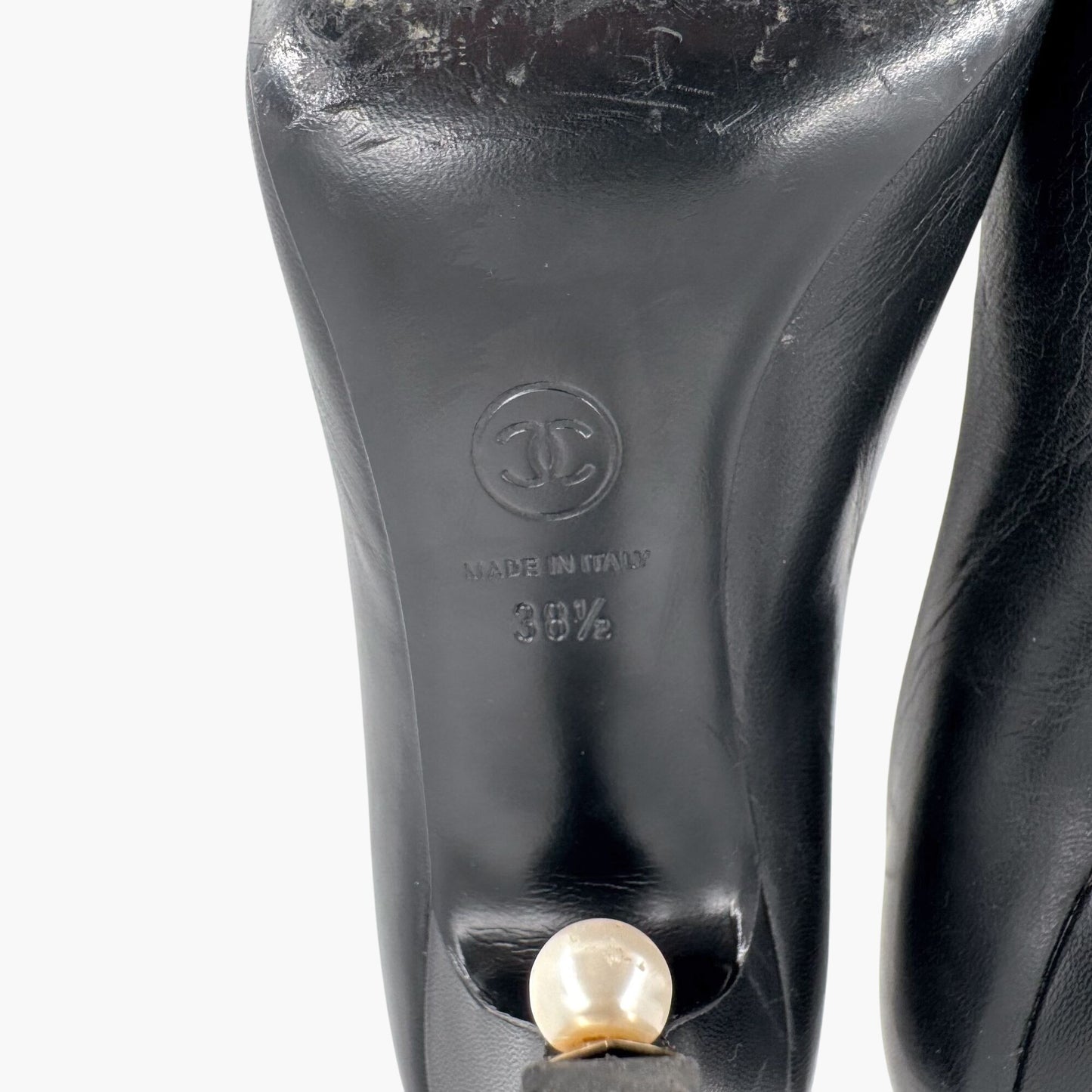 Chanel Peep Toe Pumps in Black Leather with Pearl CC Heel – Size 38.5