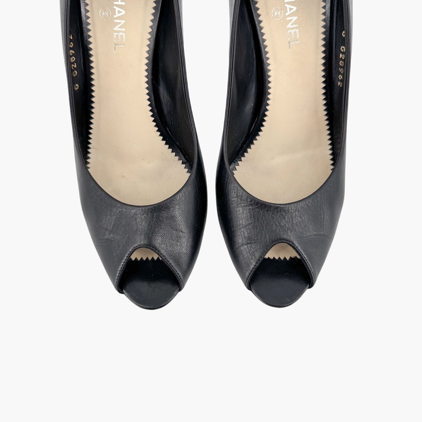 Chanel Peep Toe Pumps in Black Leather with Pearl CC Heel – Size 38.5