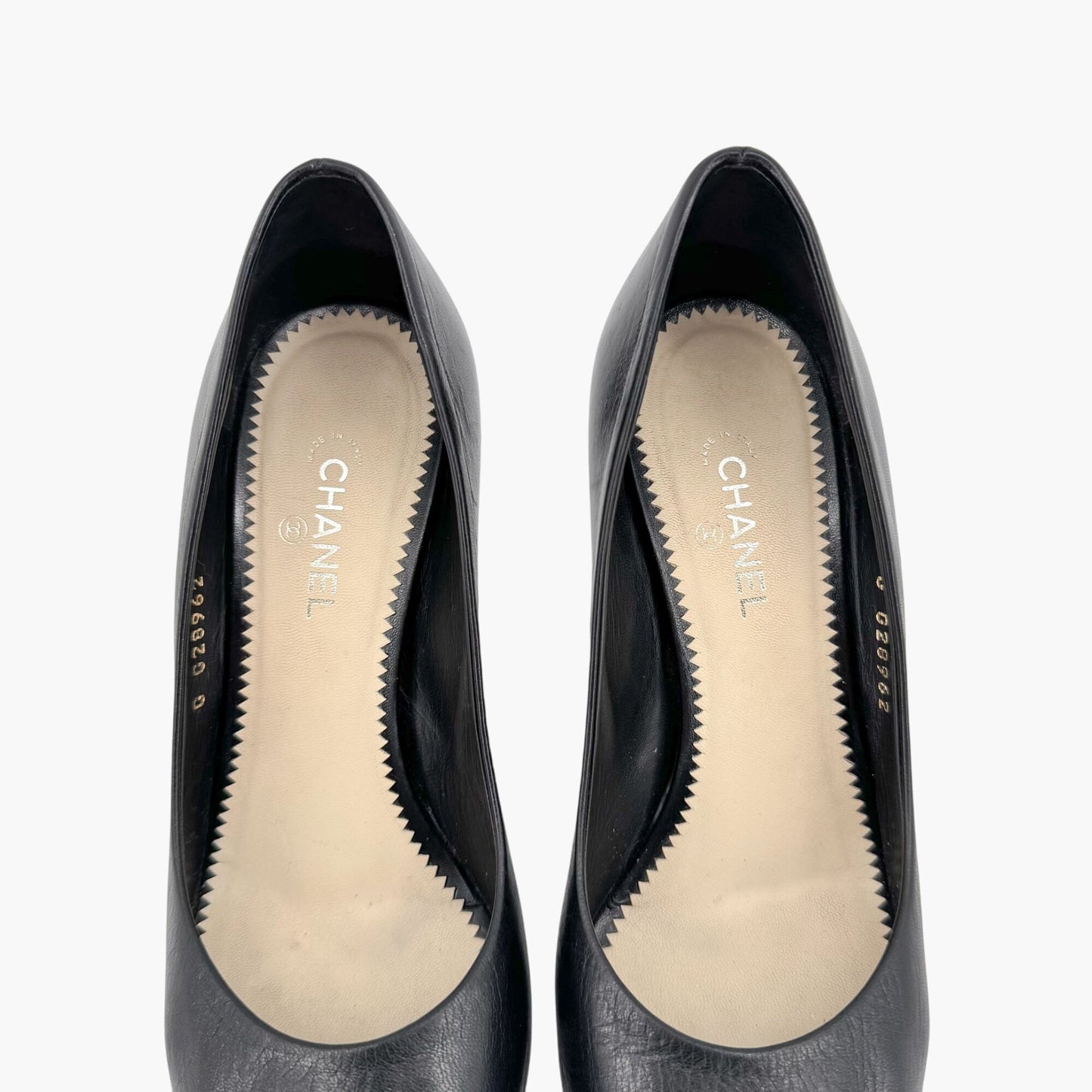 Chanel Peep Toe Pumps in Black Leather with Pearl CC Heel – Size 38.5