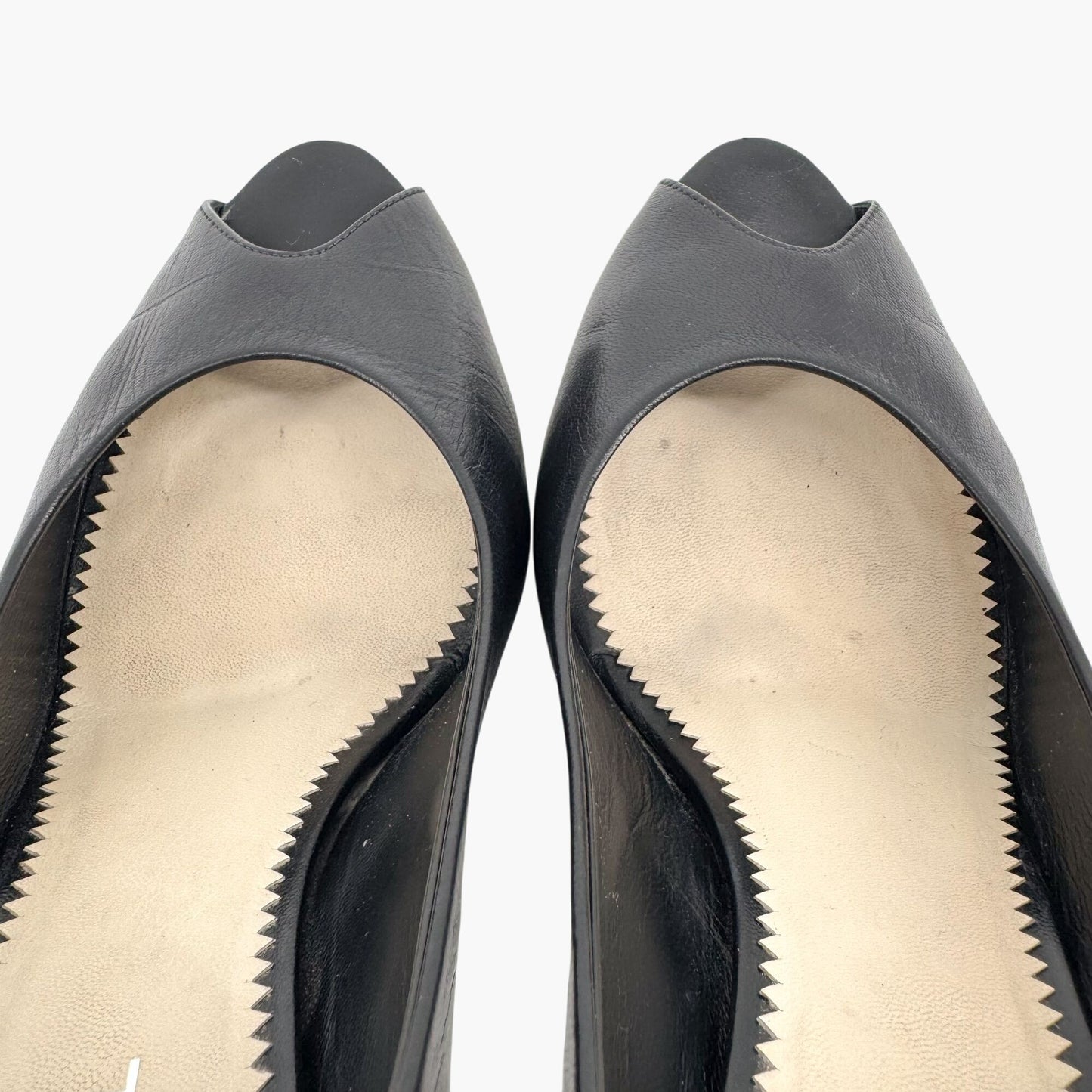 Chanel Peep Toe Pumps in Black Leather with Pearl CC Heel – Size 38.5