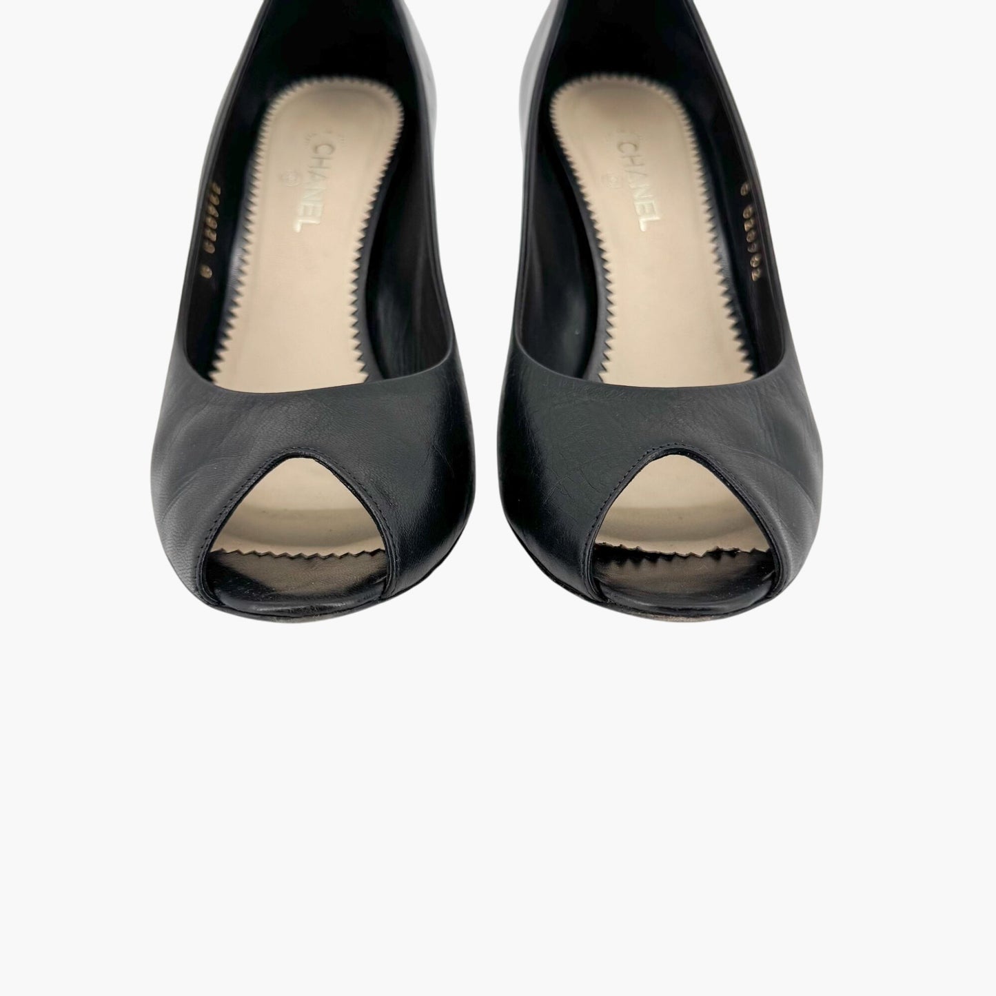Chanel Peep Toe Pumps in Black Leather with Pearl CC Heel – Size 38.5