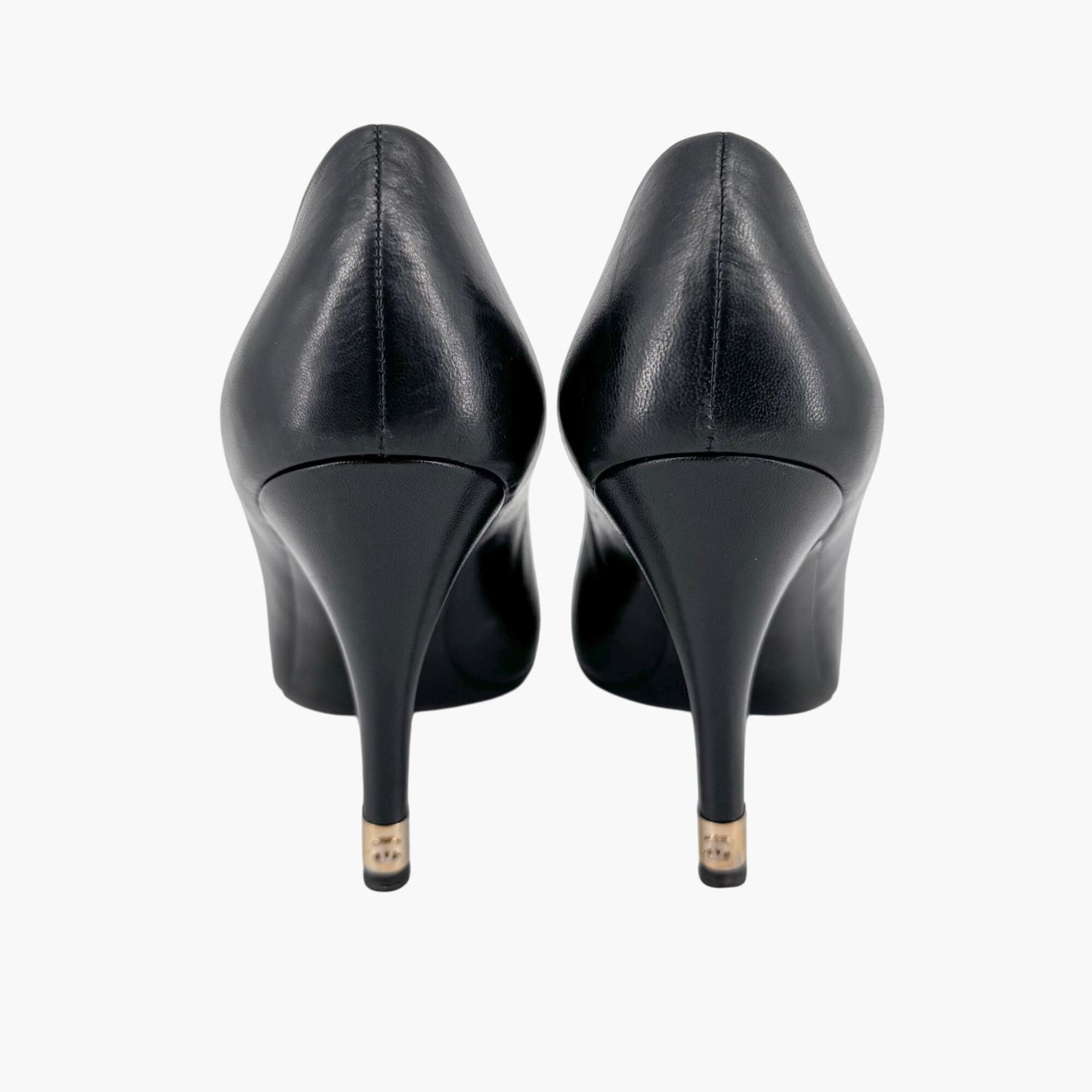 Chanel Peep Toe Pumps in Black Leather with Pearl CC Heel – Size 38.5