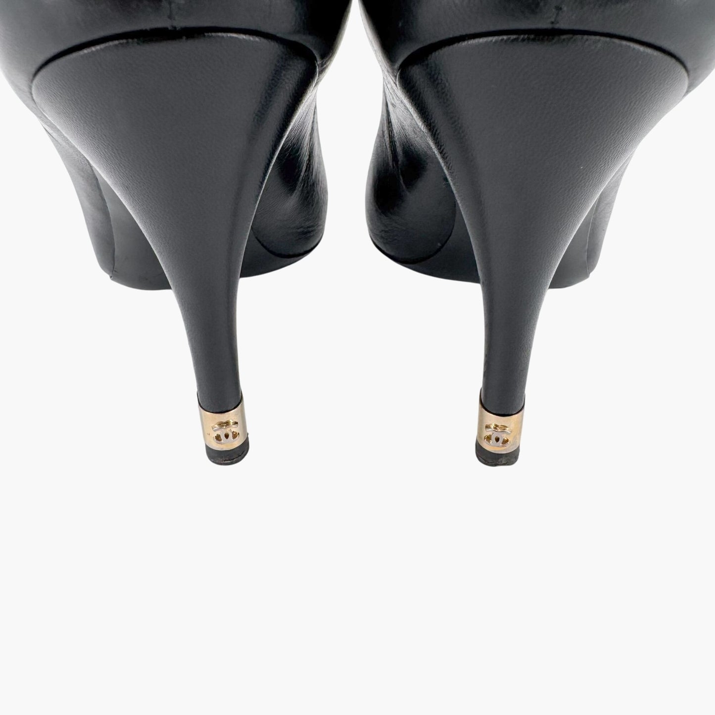 Chanel Peep Toe Pumps in Black Leather with Pearl CC Heel – Size 38.5