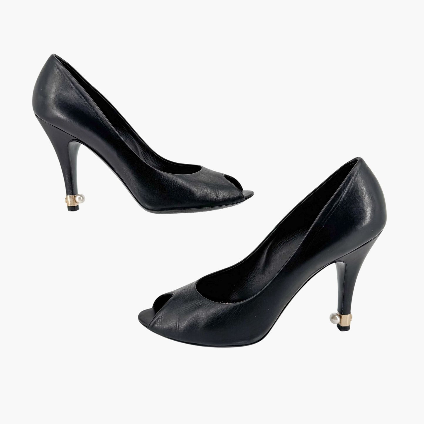 Chanel Peep Toe Pumps in Black Leather with Pearl CC Heel – Size 38.5