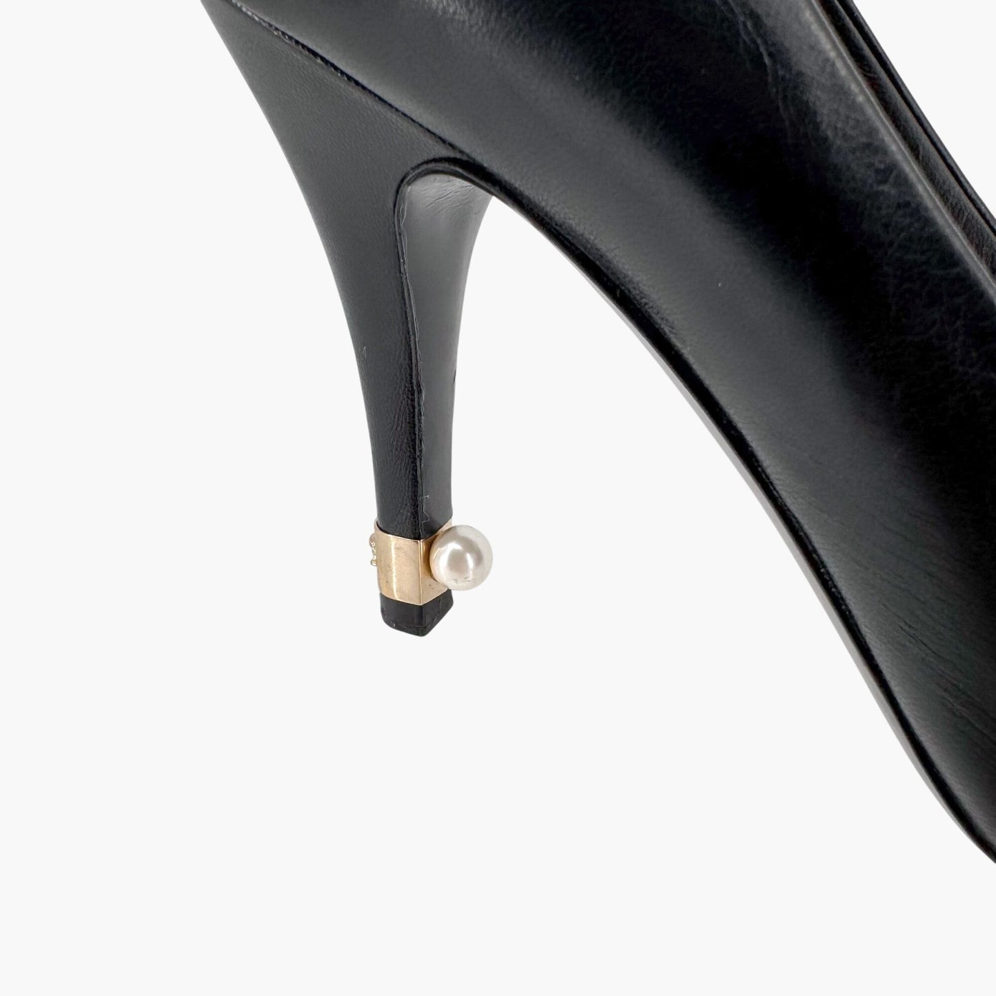 Chanel Peep Toe Pumps in Black Leather with Pearl CC Heel – Size 38.5