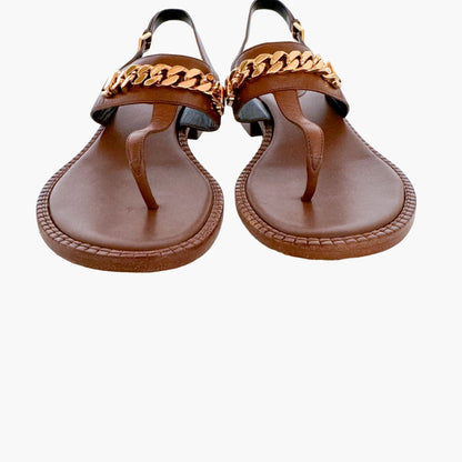 Gucci Sylvie T-Strap Chain Sandals in Brown Leather Size 37.5