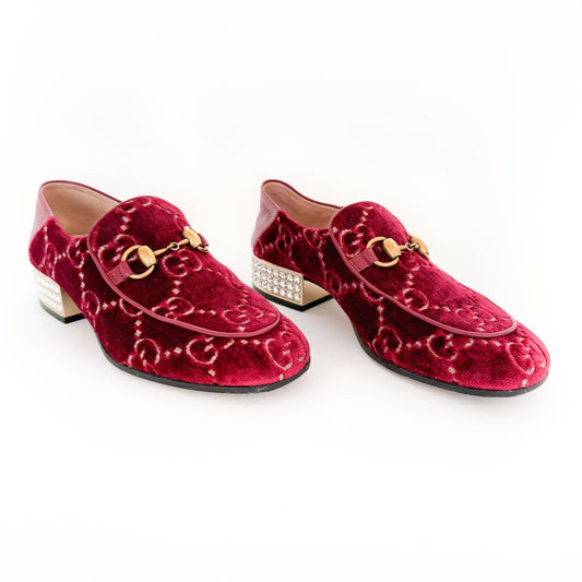 Gucci Mister Crystal Heel Horsebit Loafer in Red GG Velvet Size 36