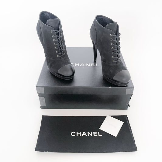 Chanel Lace-Up Ankle Booties in Black Suede Size 38.5