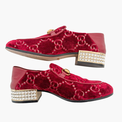 Gucci Mister Crystal Heel Horsebit Loafer in Red GG Velvet Size 36