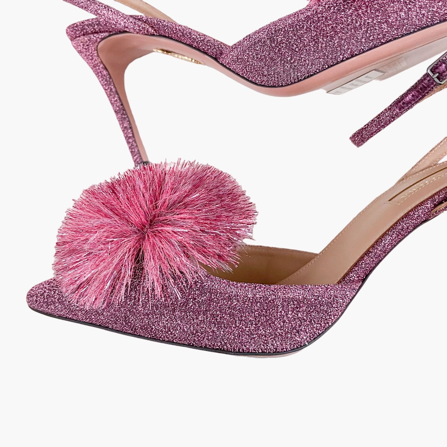 Aquazzura Powder Puff 85 Slingback Pumps in Pink Lurex Size 39.5