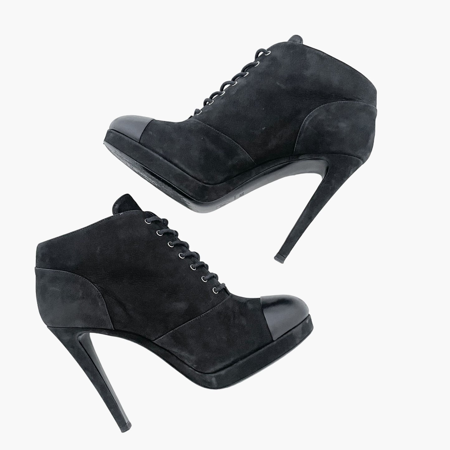 Chanel Lace-Up Ankle Booties in Black Suede Size 38.5