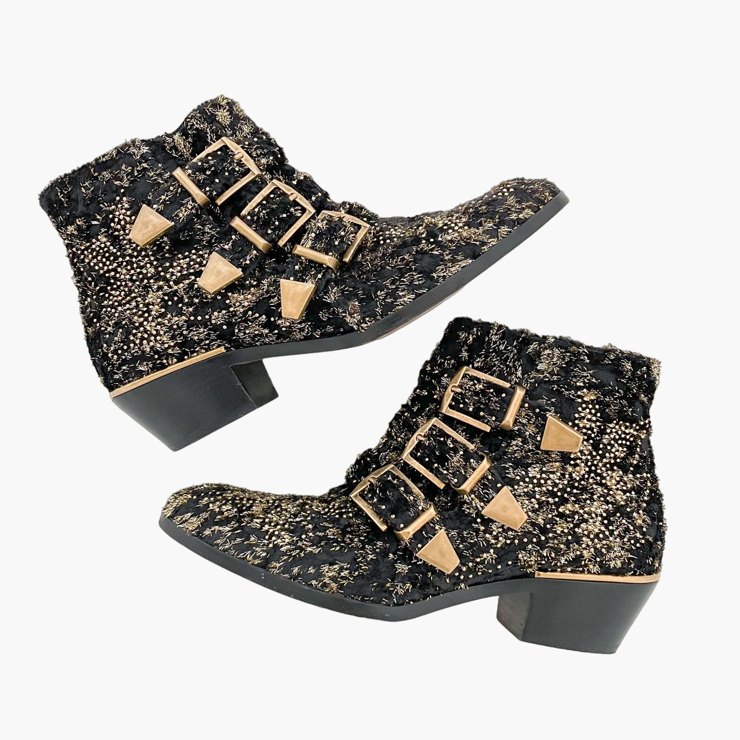 Chloé Susanna Short Boots in Black and Metallic Silver/Gold Velvet Size 37.5