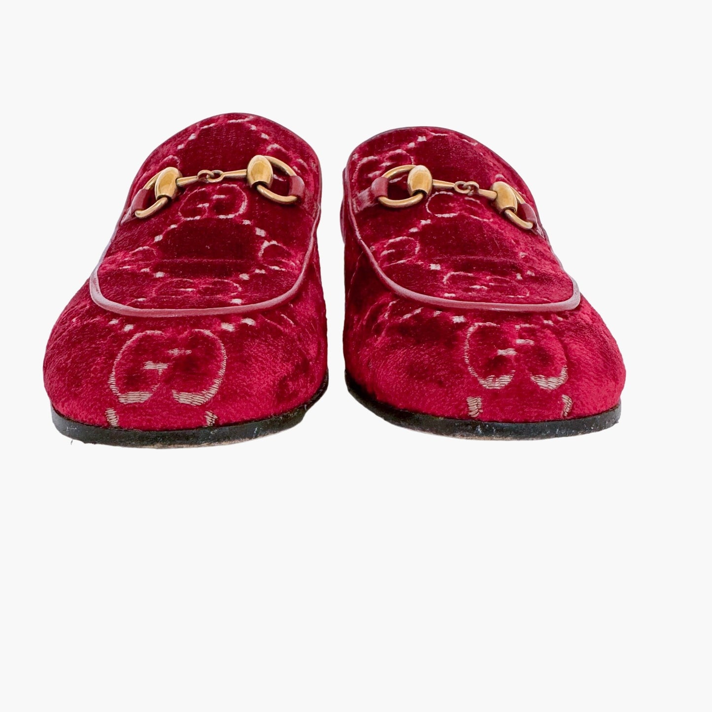 Gucci Mister Crystal Heel Horsebit Loafer in Red GG Velvet Size 36