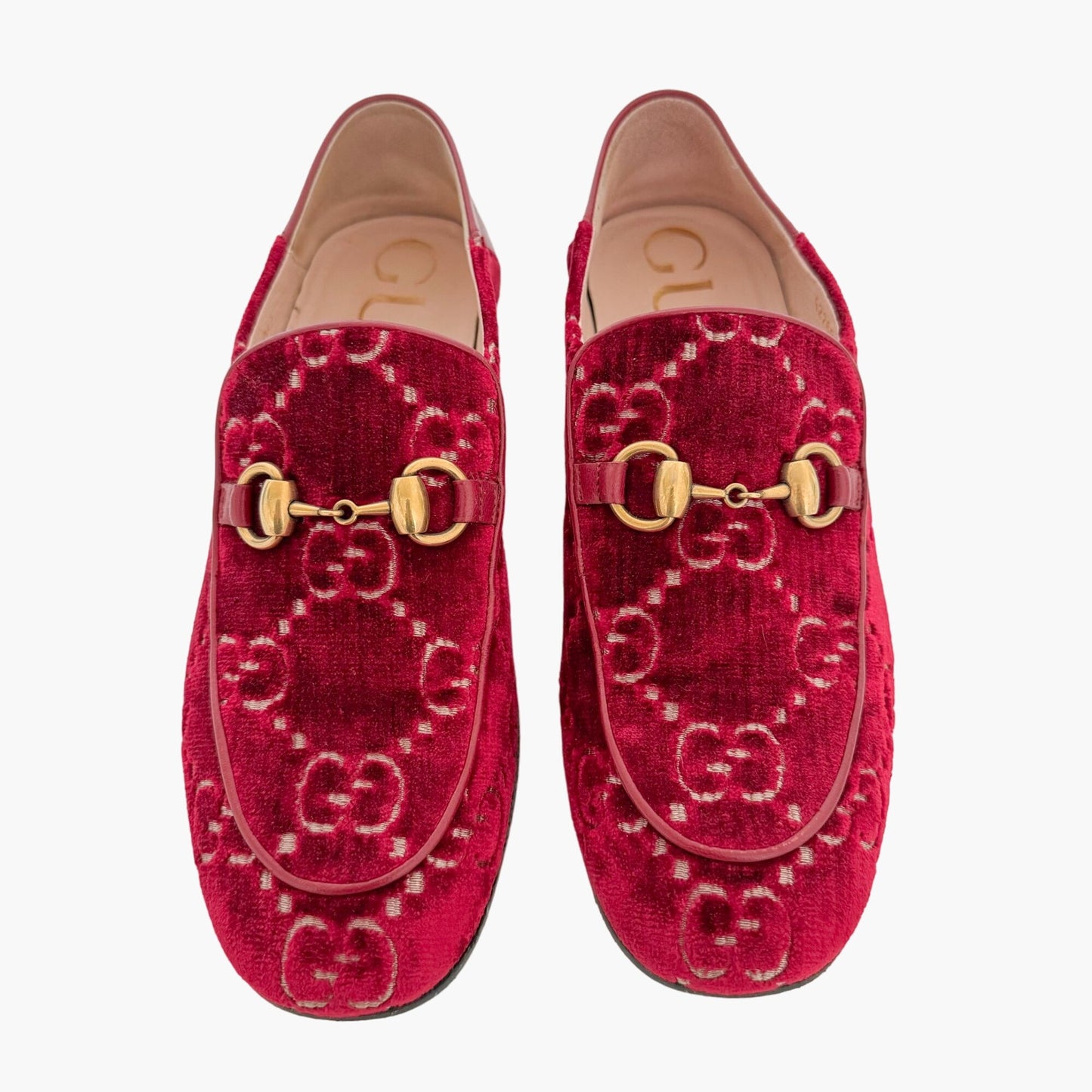 Gucci Mister Crystal Heel Horsebit Loafer in Red GG Velvet Size 36