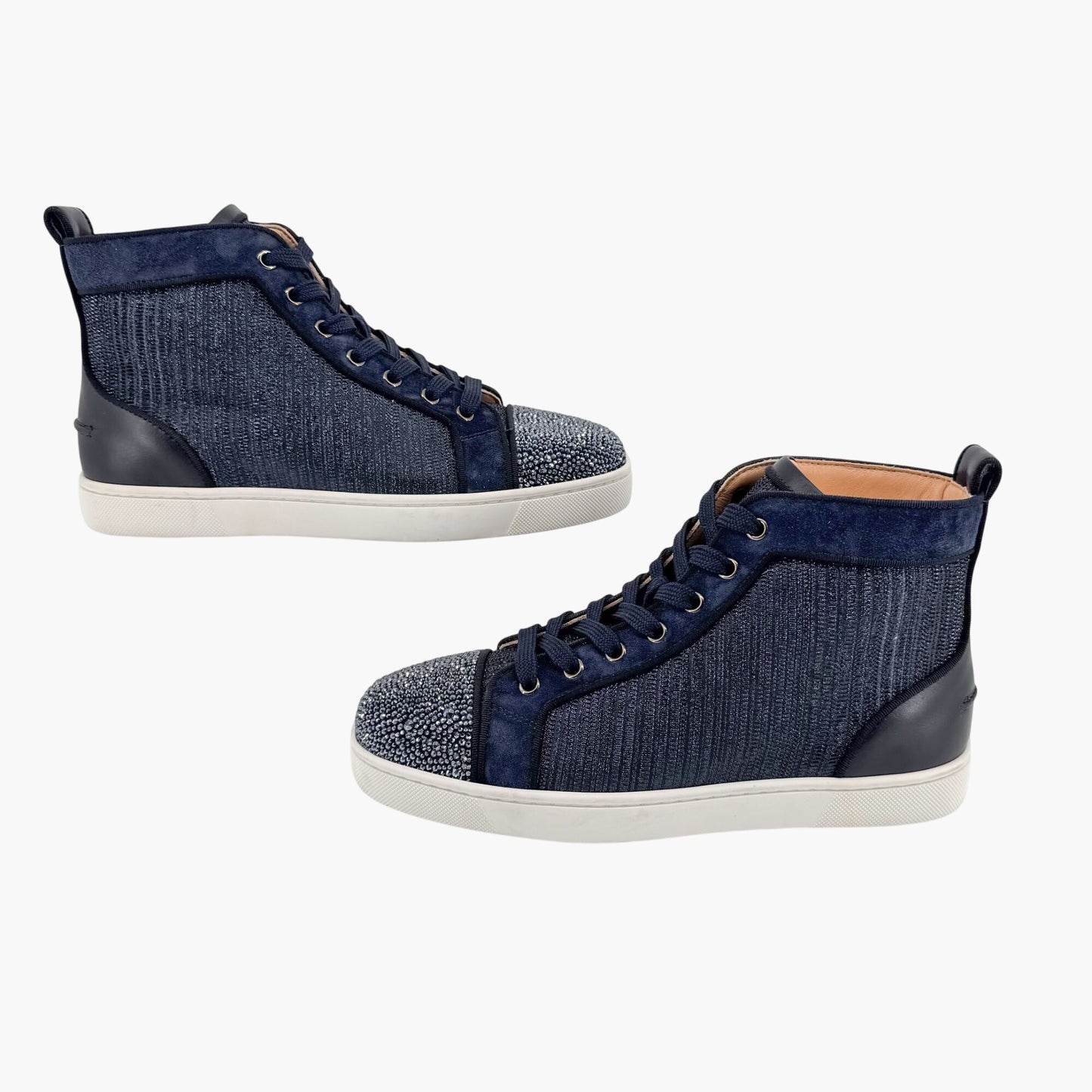 Christian Louboutin Louis Strass High Top Crystal-Embellished Sneakers in Metallic Navy Size 39
