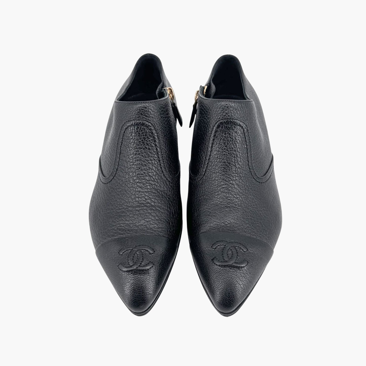 Chanel Black Leather CC Cap Toe Western Ankle Booties – Size 38.5