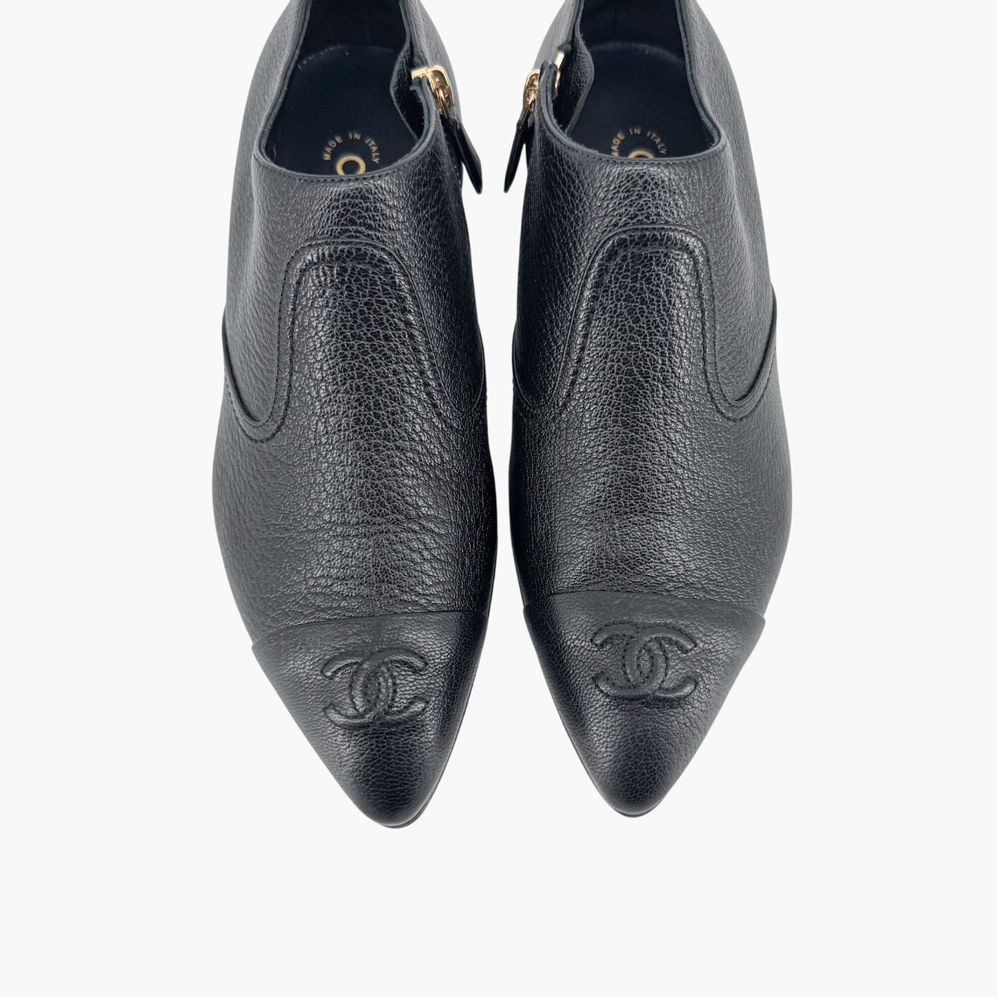 Chanel Black Leather CC Cap Toe Western Ankle Booties – Size 38.5