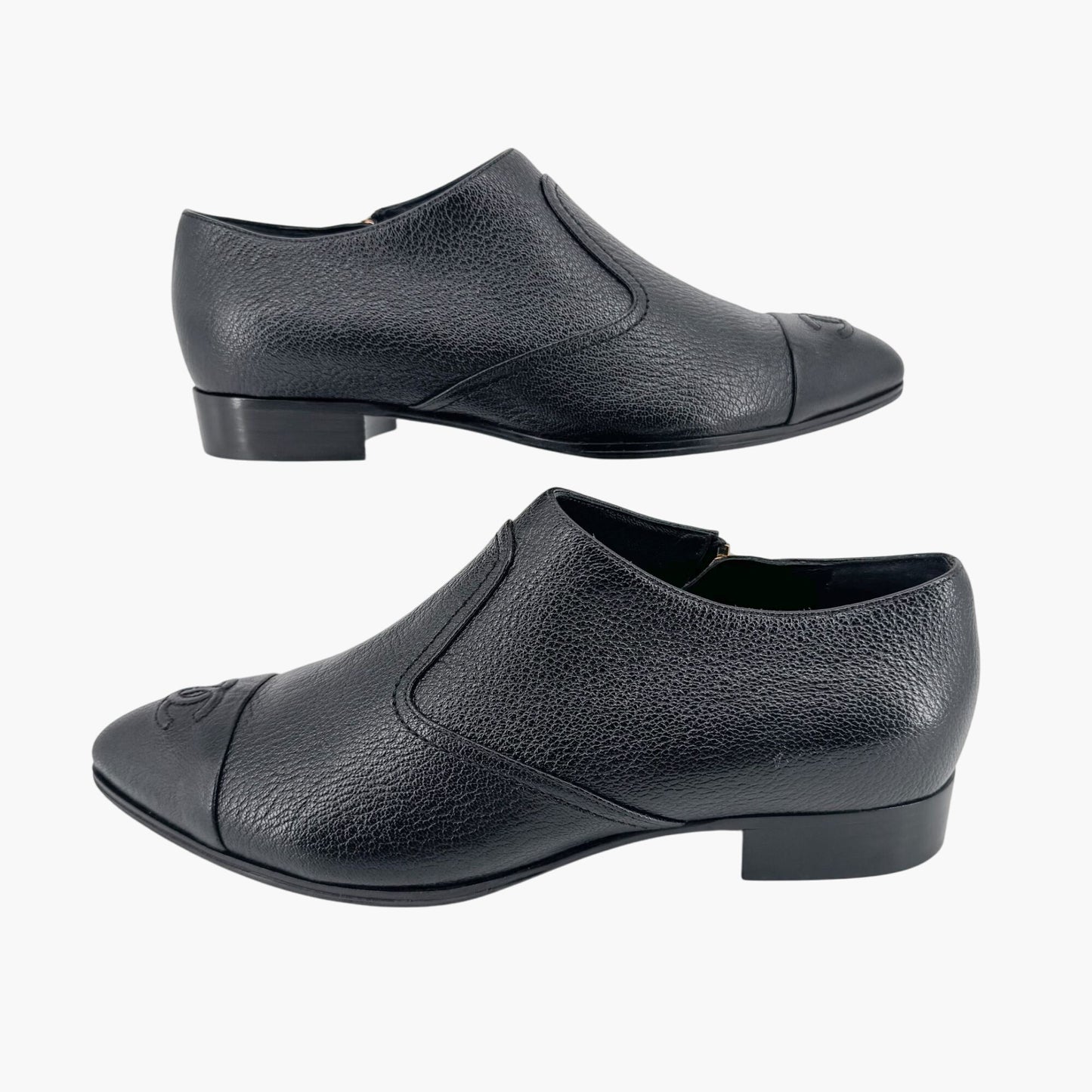 Chanel Black Leather CC Cap Toe Western Ankle Booties – Size 38.5