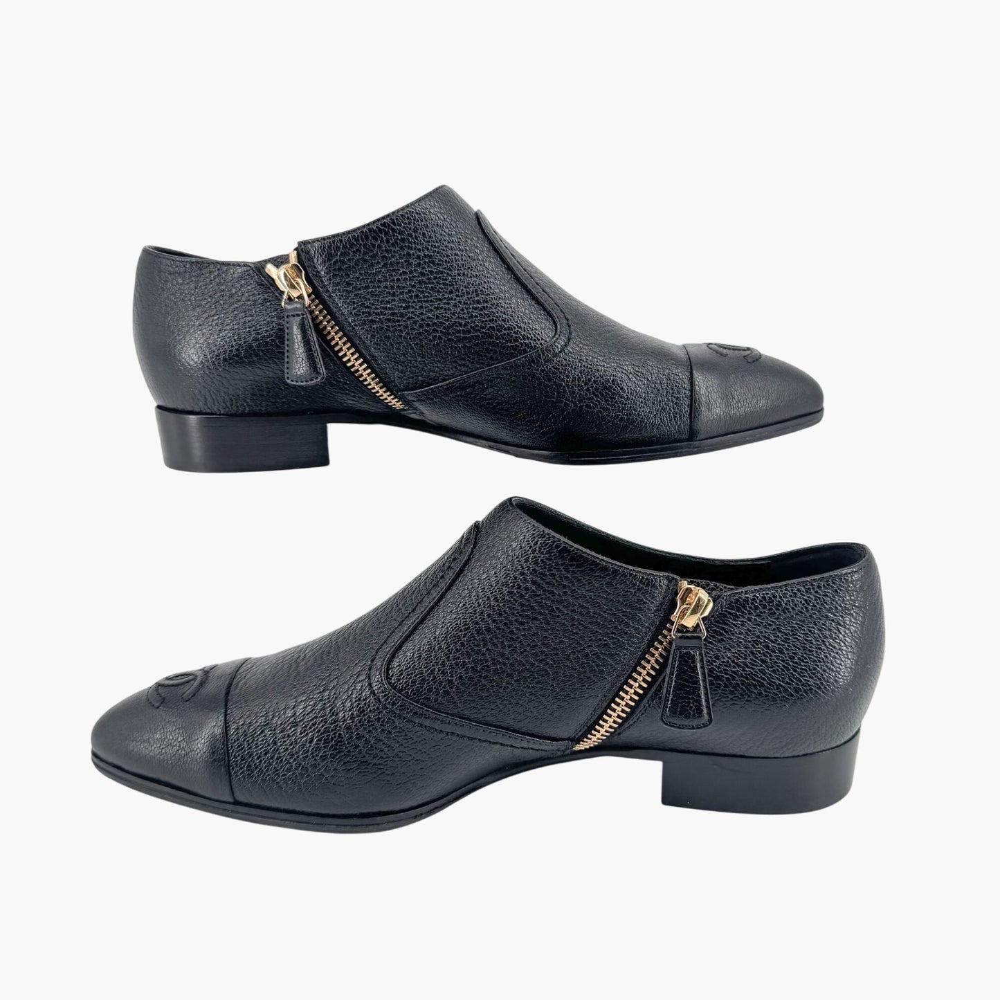 Chanel Black Leather CC Cap Toe Western Ankle Booties – Size 38.5