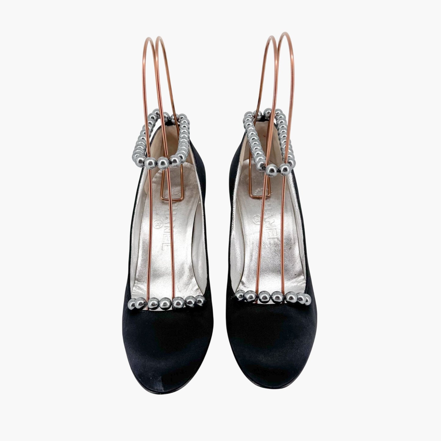 Chanel Vintage Pearl Ankle Strap Pumps in Black Satin – Size 38