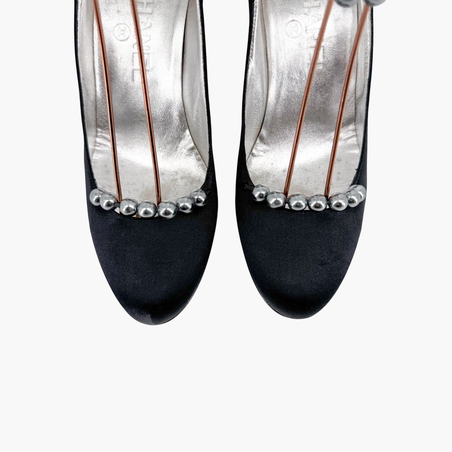 Chanel Vintage Pearl Ankle Strap Pumps in Black Satin – Size 38