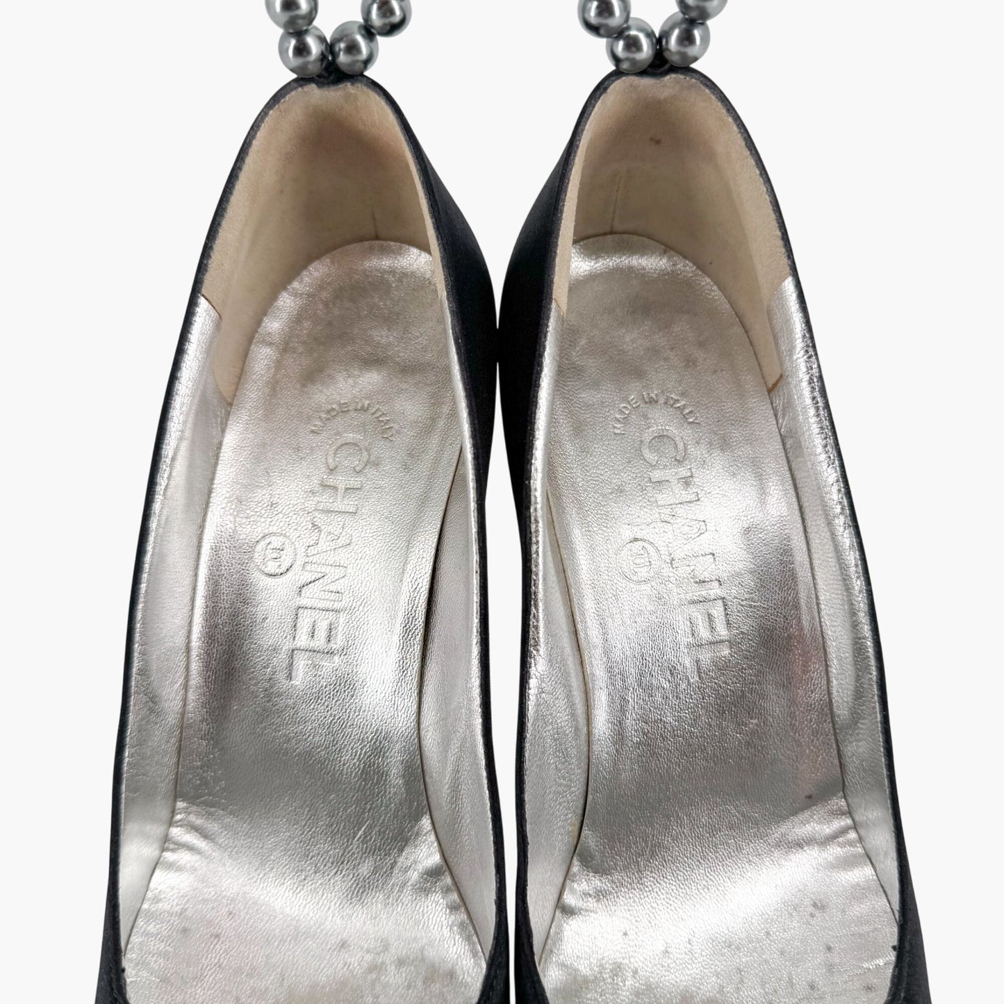 Chanel Vintage Pearl Ankle Strap Pumps in Black Satin – Size 38