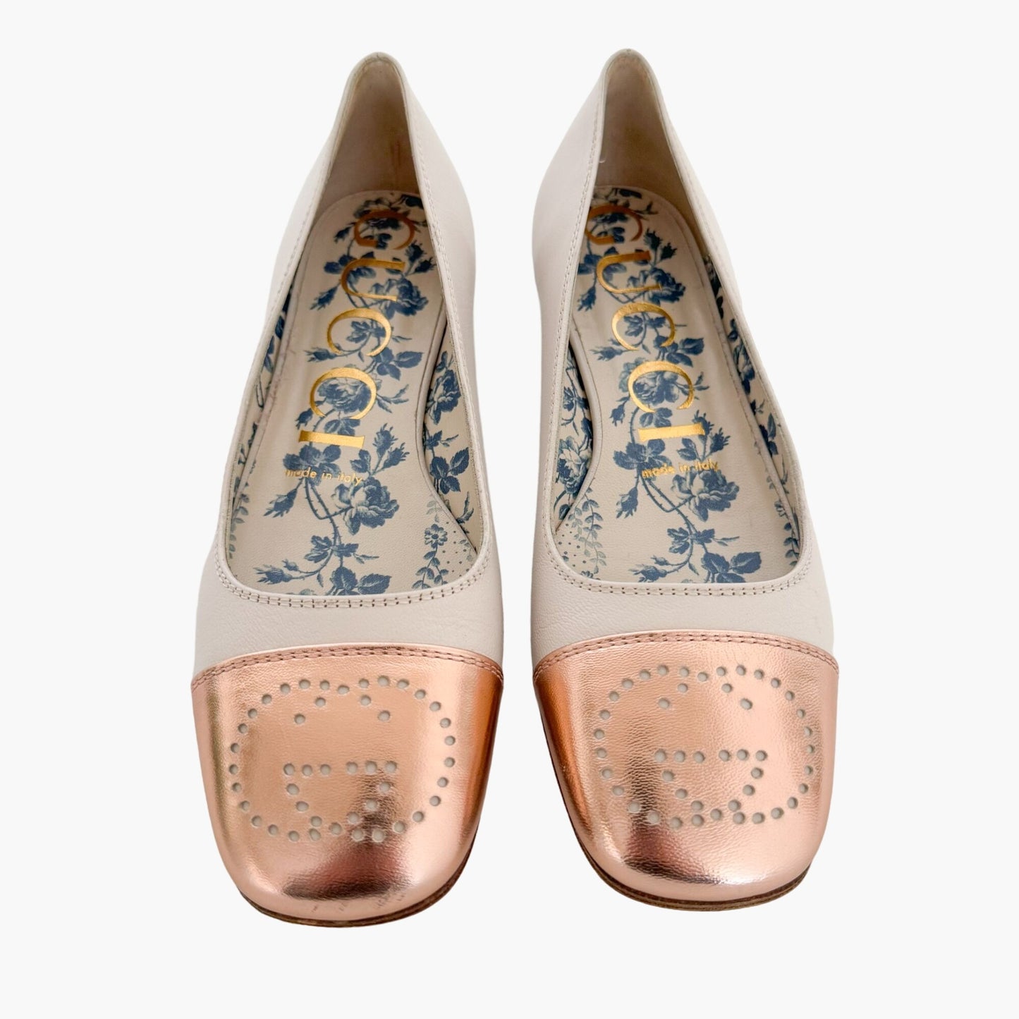 Gucci Hills GG Cap Toe Ballet Flat in Ivory & Metallic Pink Size 36.5